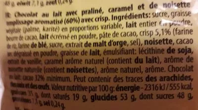 List of product ingredients Oeufs chocolat au lait praliné, caramel, noisette avec crisp Bedo Imex 
