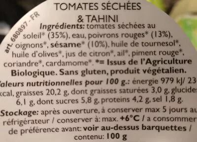 Lista de ingredientes del producto Tomaten Zongedroogd Met Tahin 100 Gr Florentin 