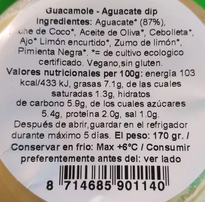 Lista de ingredientes del producto GUACAMOLE 100GR BIO - FLORENTIN Florentin 