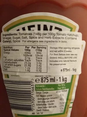 Liste des ingrédients du produit Ketchup Heinz 