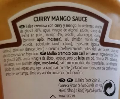 Lista de ingredientes del producto Salsa curry con mango Heinz 