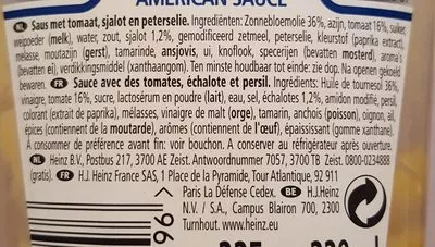 List of product ingredients American sauce Heinz 220 ml - 225g