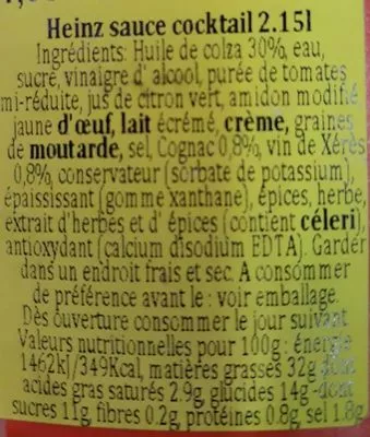 Liste des ingrédients du produit Cocktail sauce HEINZ 2.2 kg