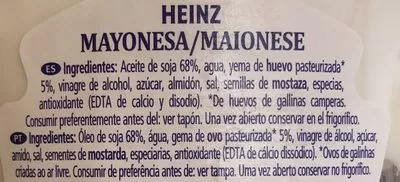 Lista de ingredientes del producto Mayonesa con huevo de gallinas camperas Heinz 