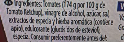 Lista de ingredientes del producto Tomato Ketchup 50% Heinz 555 g