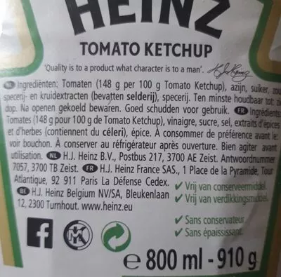 List of product ingredients Tomato Ketchup Heinz 910 g - 800 ml