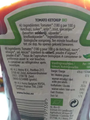 Liste des ingrédients du produit Tomato Ketchup Bio Heinz 500 ml