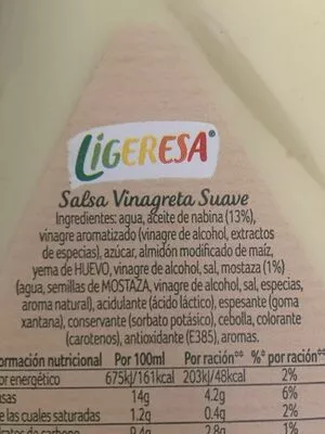 Liste des ingrédients du produit Salsa vinagreta suave ligeresa 