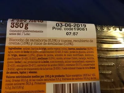 List of product ingredients Bizcocho de zanahoria y nueces country cakes 350 g