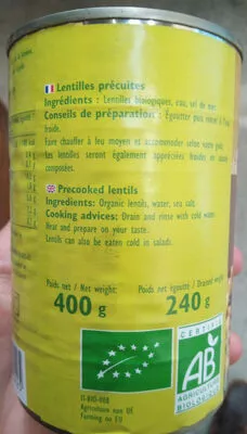 Liste des ingrédients du produit Lentilles La Bio Idea 400 g (240 g égoutté)