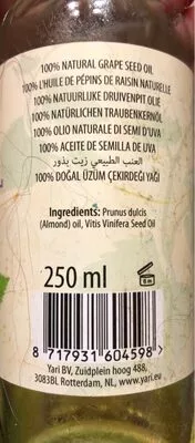 List of product ingredients Huile de pepin de raisin Yari 250 ml