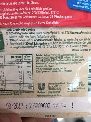 Liste des ingrédients du produit Lachs Sahne Gratin Knorr 28g