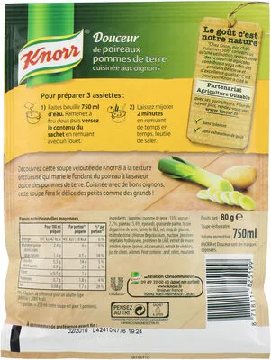 Liste des ingrédients du produit Knorr Soupe Douceur de Poireaux Pommes Terre 80g 3 Portions Knorr 80 g