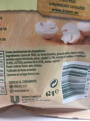 List of product ingredients Las Cremas crema de champiñón sobre 65 g Knorr 