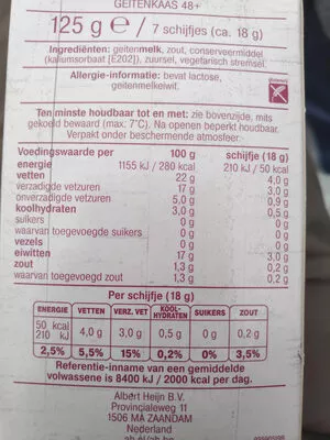 List of product ingredients geitenkaas ah 125 gr