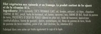 Lista de ingredientes del producto Filet aux épinards et au fromage Vivera 200 g (2 * 100 g)