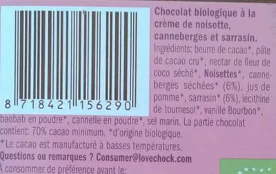 Liste des ingrédients du produit Chocolat Cru Biologique Cranberry Sarrasin  lovechock 70 g e