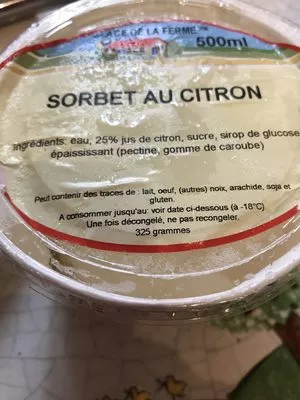 Liste des ingrédients du produit Sorbet au citron Les 3 Givrées, Glace de la Ferme 325 g