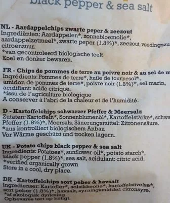 Lista de ingredientes del producto Hand Cooked Potato Chips Black pepper & Sea salt Go Pure 125 g