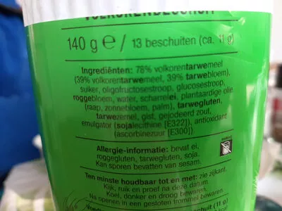 Lista de ingredientes del producto Albert Heijn Knapperig Volkoren Beschuit ah 13