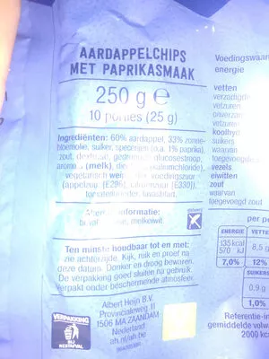 List of product ingredients Ribbelchips Paprika Albert Heijn 250g