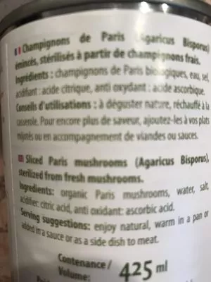 Liste des ingrédients du produit Champignons de Paris émincés La Bio Idea 400 g (égoutté : 230 g) 425 ml