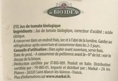 Liste des ingrédients du produit Jus de tomate La Bio Idea 