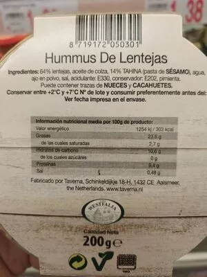 Lista de ingredientes del producto Hummus de Lentejas  200 g