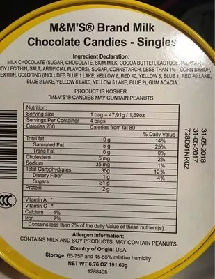 Liste des ingrédients du produit M &M Brand Milk Chocolate Candies single m&m's 
