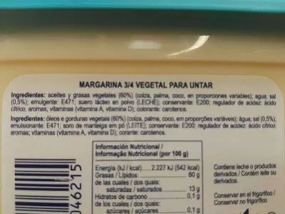 Liste des ingrédients du produit Margarina vegetal tgt 1 kg