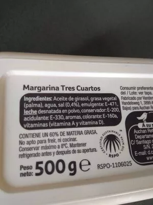 Liste des ingrédients du produit Margarina tres cuartos Auchan 500 g