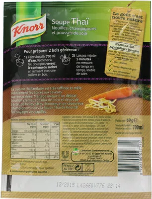 Liste des ingrédients du produit Knorr Soupe Déshydratée Thaï Nouilles Champignons Pousses de Soja 69g Knorr, Unilever 69 g