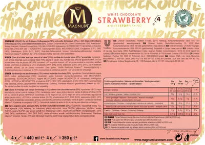 Liste des ingrédients du produit MAGNUM Glace Bâtonnet Chocolat Blanc & Fraise 4x110ml Magnum, Miko, Unilever 360 g