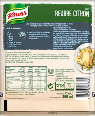 Lista de ingredientes del producto Knorr Sauce Déshydratée Beurre Citron 42g Knorr 42 g