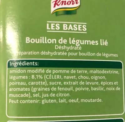 Liste des ingrédients du produit Bouillon de legumes lie Knorr 