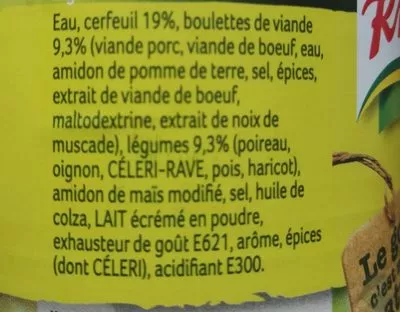 Liste des ingrédients du produit Soupe Cerfeuil avec Boulettes Knorr, Unilever 515 ml