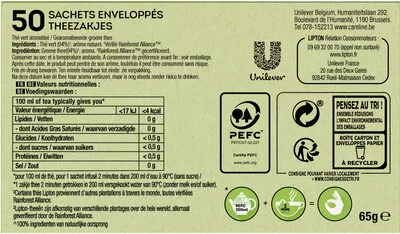 Liste des ingrédients du produit Lipton Thé Vert Classique Goût Léger & Subtil 50 Sachets Lipton, Unilever 65 g