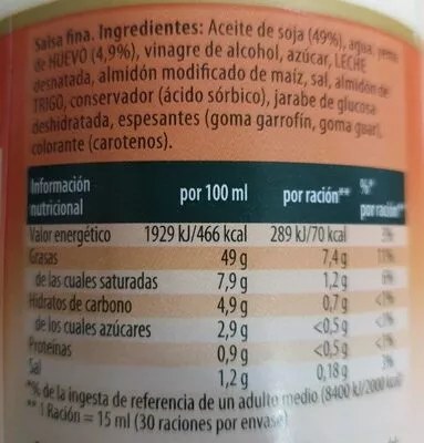 Lista de ingredientes del producto  Calve 450 ml