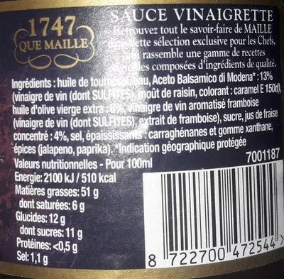 Liste des ingrédients du produit Maille Sauce Vinaigrette Balsamique-Fraise 1L Maille 1000 ml