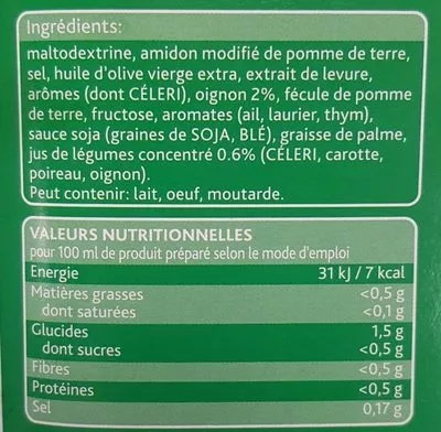 Liste des ingrédients du produit Bouillon de légumes déshydraté Knorr,  Unilever Food Solutions 