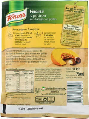 List of product ingredients Soupe Déshydratée Velouté de Potiron Châtaignes Girolles Knorr, Unilever 66 g