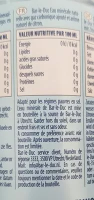 List of product ingredients Eau gazeuse avec arôme naturel de citron Bar-le-Duc 0.5 l