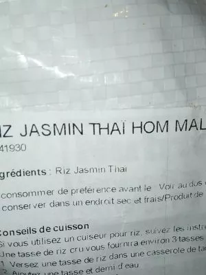 List of product ingredients Thai hom Mali jasmine Rice  
