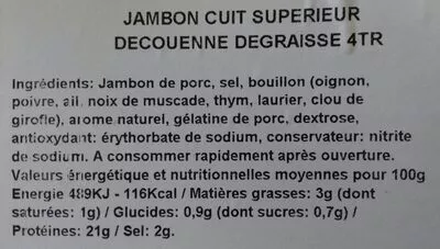 List of product ingredients Jambon cuit supérieur decouenne  