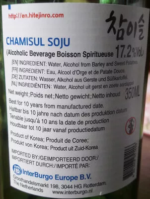 Lista de ingredientes del producto Jinro Chamisul Jinro, hitejinro 350 ml, 17.2%