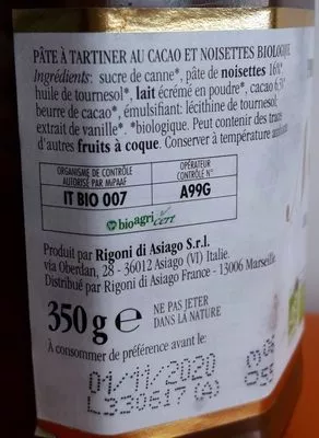 Liste des ingrédients du produit Nocciolata - Pâte à tartiner au cacao et noisettes Rigoni di Asiago 350 g