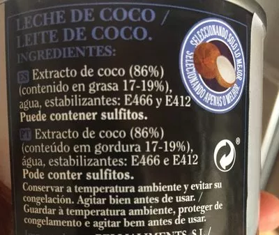 Lista de ingredientes del producto Leche de coco Ampro 