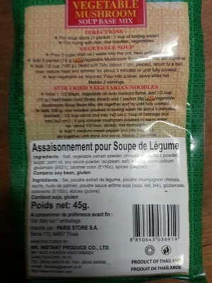 Liste des ingrédients du produit Vegetable Mushroom Soup Base Mix Shanggie, Nr. Instant Produce Co.  Ltd 45 g
