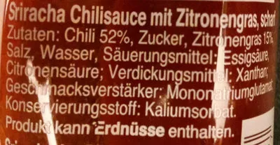 List of product ingredients Sriracha Scharfe Chilisauce mit Zitronengras Flying Goose Brand 455 ml