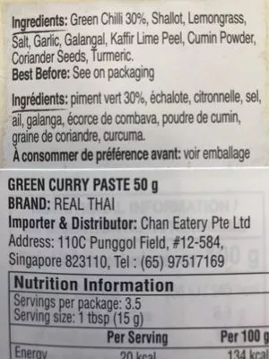 Lista de ingredientes del producto Grüne Curry Paste Real Thai 50g